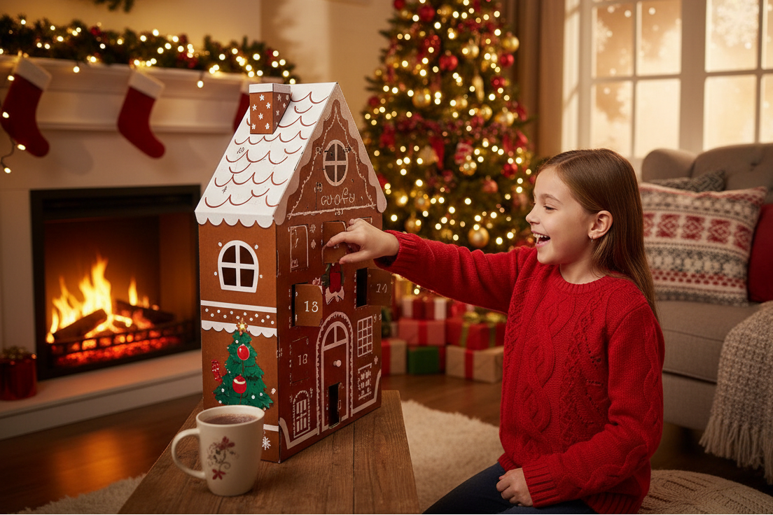 niña abriendo un calendario de adviento